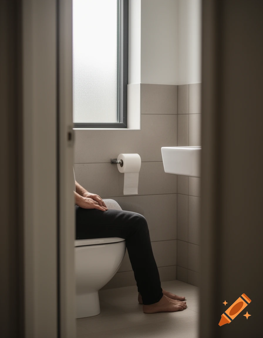 A person sitting on a toilet in a modern bathroom, viewed through a doorway.