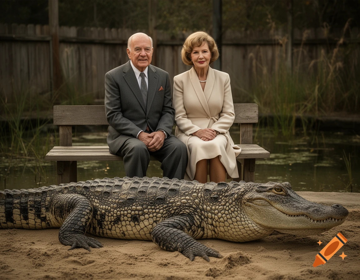 An elderly couple in formal attire sitting on a wooden bench outdoors next to a large alligator on the sand.