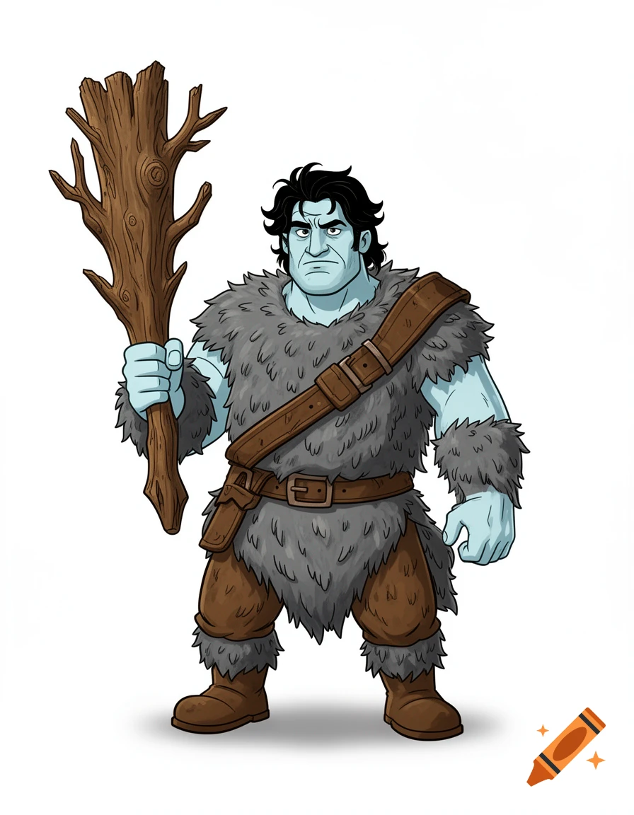 Digital cartoon illustration of a medieval man with light blue skin, black hair, wolf pelt coveralls, holding a tree club.