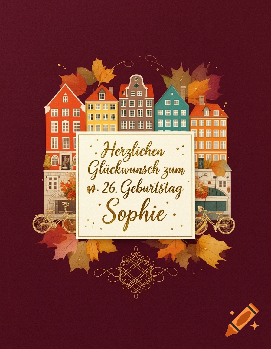 A birthday greeting card design featuring Copenhagen-style colorful townhouses, autumn leaves, and bicycles, with gold text in German.
