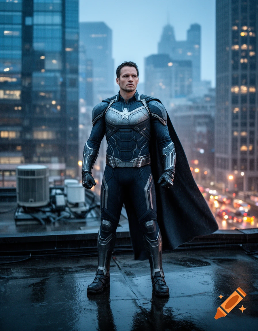 A photorealistic superhero in a dark blue futuristic suit and cape standing on a rooftop overlooking a city at dusk.