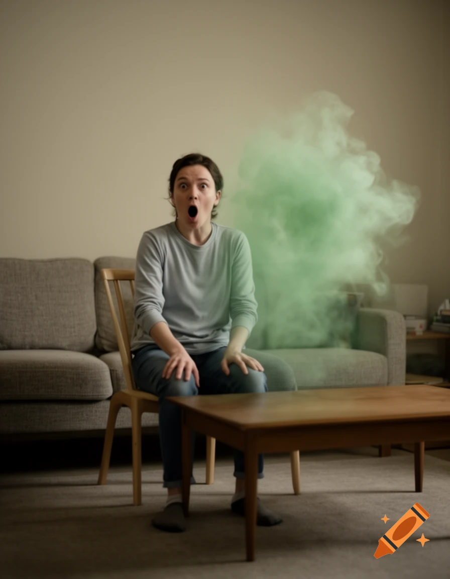 A woman sits on a chair in a living room with an expression of shock as a green cloud of smoke rises behind her.