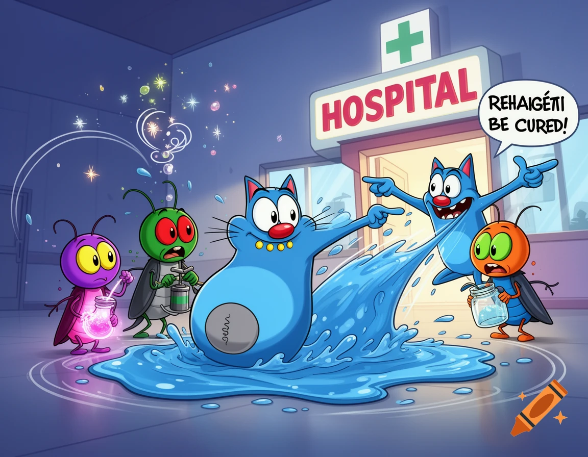 Cartoon illustration of a blue cat puddle in front of a hospital with three colorful cockroaches holding potions.