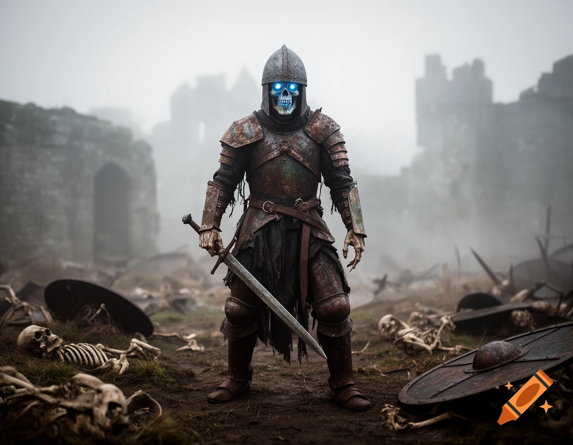 Photorealistic image of an undead wight in rusted medieval armor holding a sword amidst a foggy battlefield with scattered bones and shields.