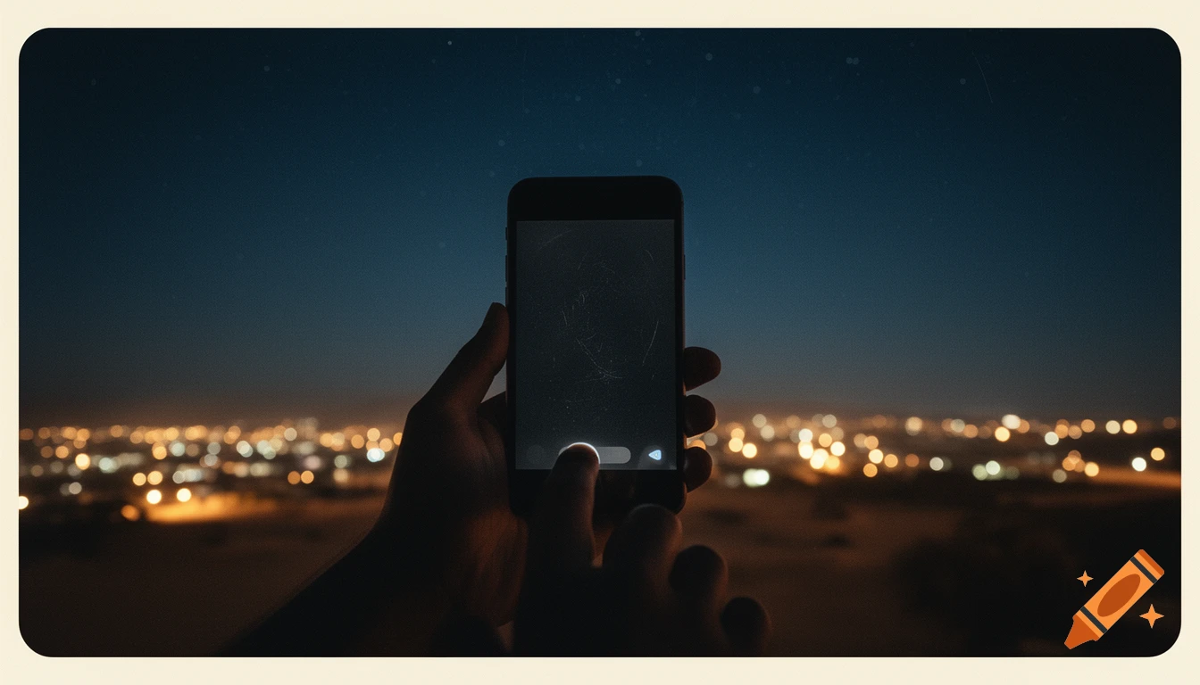 A silhouetted hand holds and interacts with a glowing smartphone at night against a backdrop of distant city lights and a starry sky.