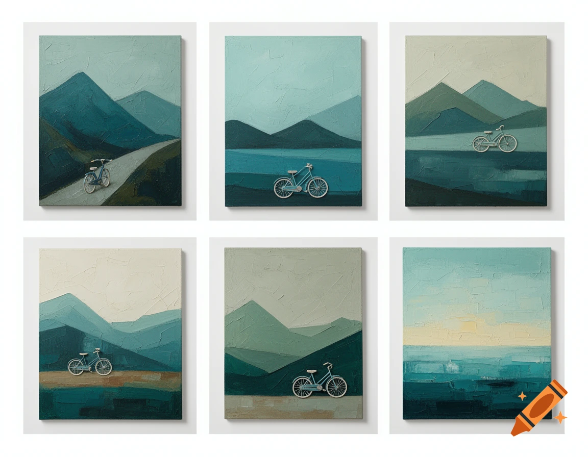 Six textured abstract paintings featuring blue-green mountains and small bicycle motifs in teal and petrol tones.