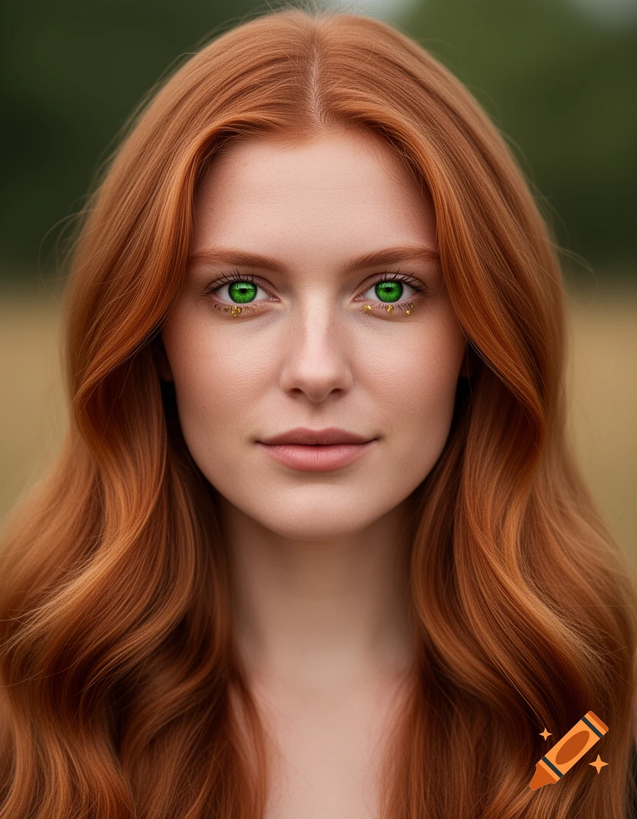 Close-up portrait of a young woman with vibrant caramel-red hair and striking green eyes with gold flecks, photorealistic style.