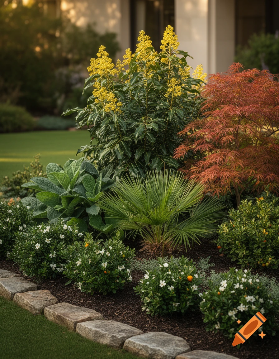 Photorealistic garden bed with varied plants, including yellow flowers, red Japanese maple, and palm, edged with stone.