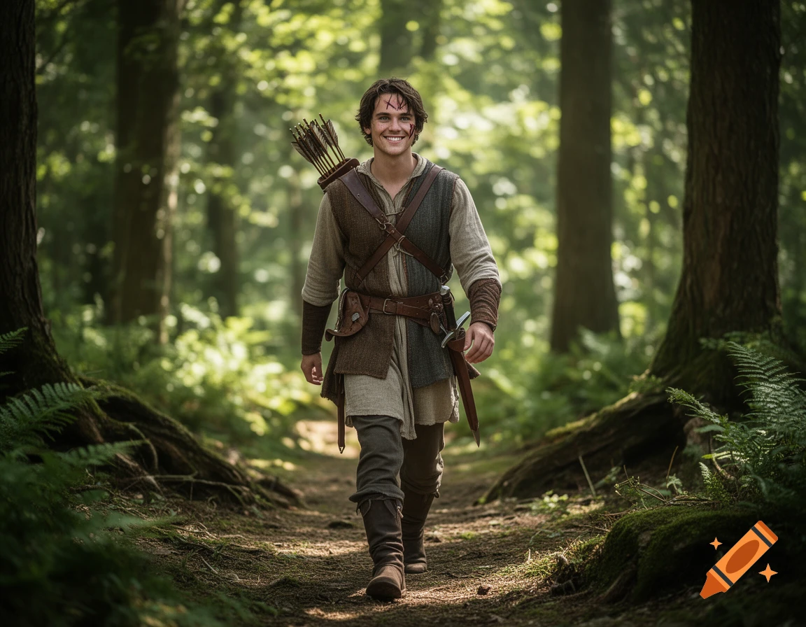 Photorealistic image of a young male warrior with a smile and a scar walking through a sunlit forest trail, wearing traveling clothes and carrying a sword and quiver.