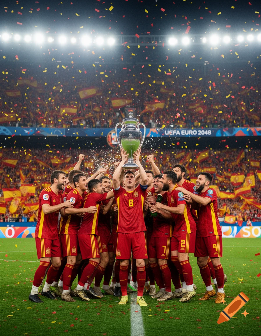 The Spain national football team celebrating and lifting a large trophy on the pitch.