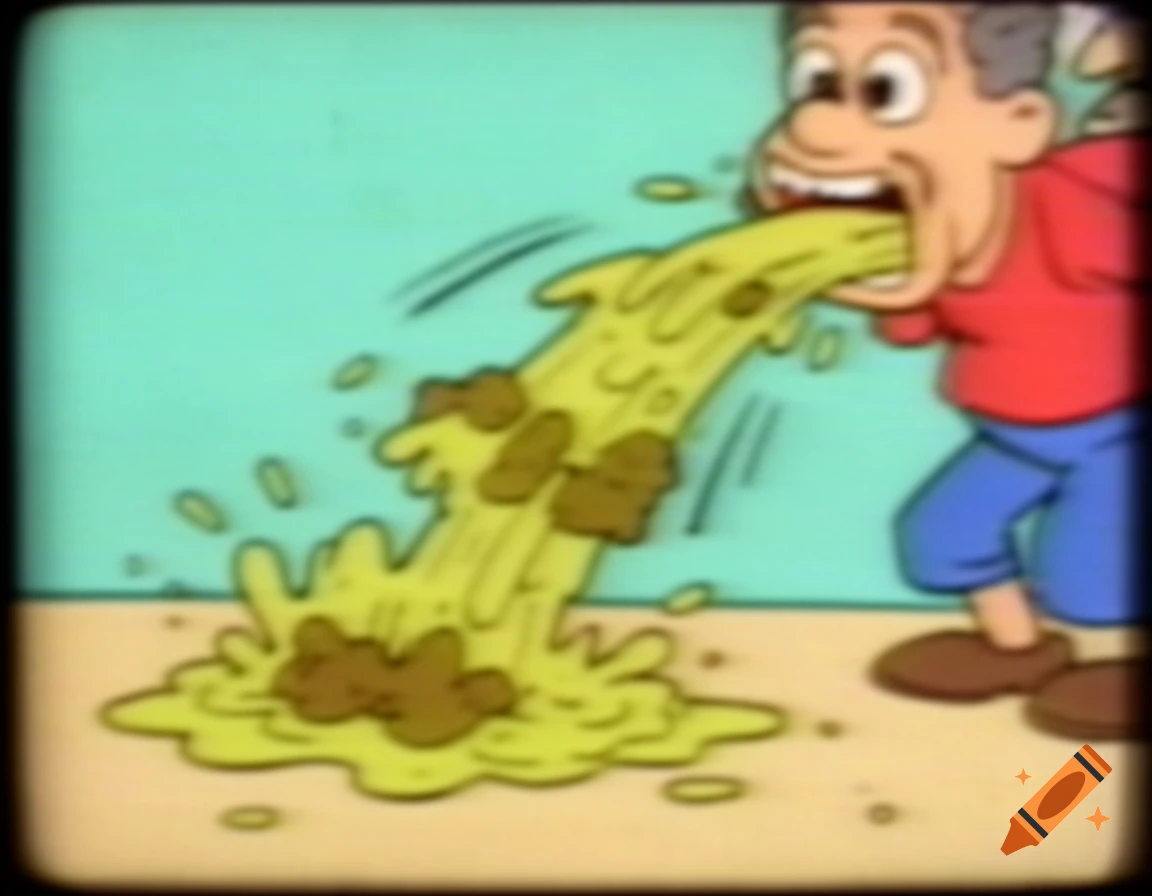 1990s style cartoon of a man vomiting green fluid onto the floor