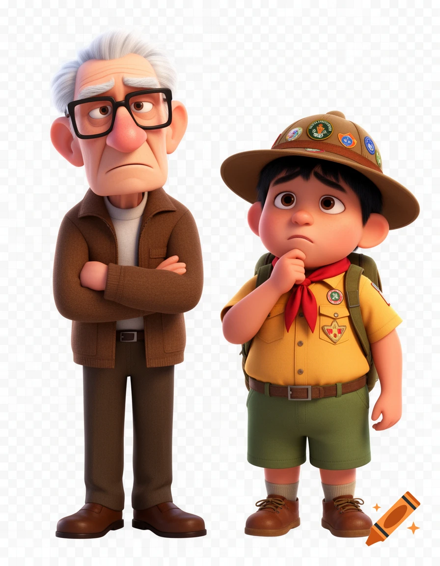 3D animated full-body cutout of Carl Fredricksen and Russell from Pixar's Up, standing side by side against a transparent background.