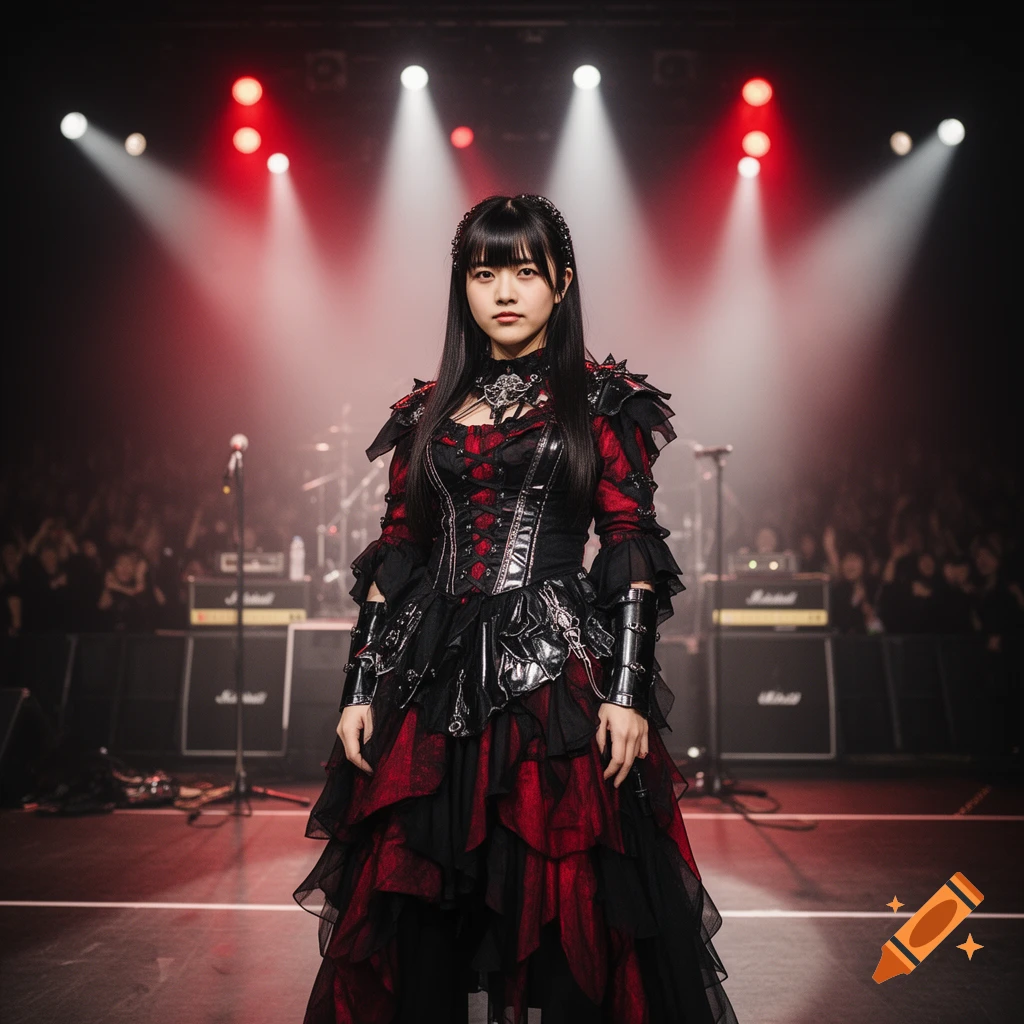 Photorealistic image of a female performer in a gothic red and black dress standing on a stage with concert lights.