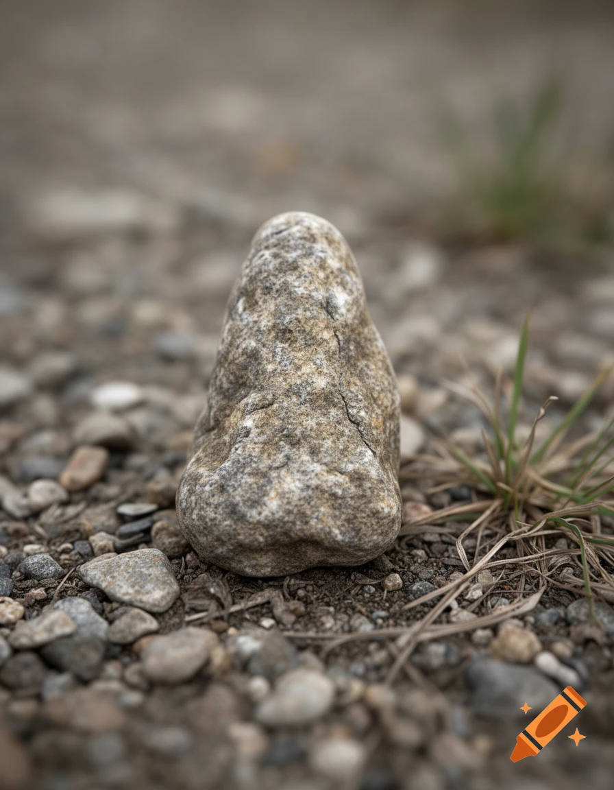 Close-up photograph of a small, uniquely shaped stone resembling a phallic object, resting on gravel and dry grass.