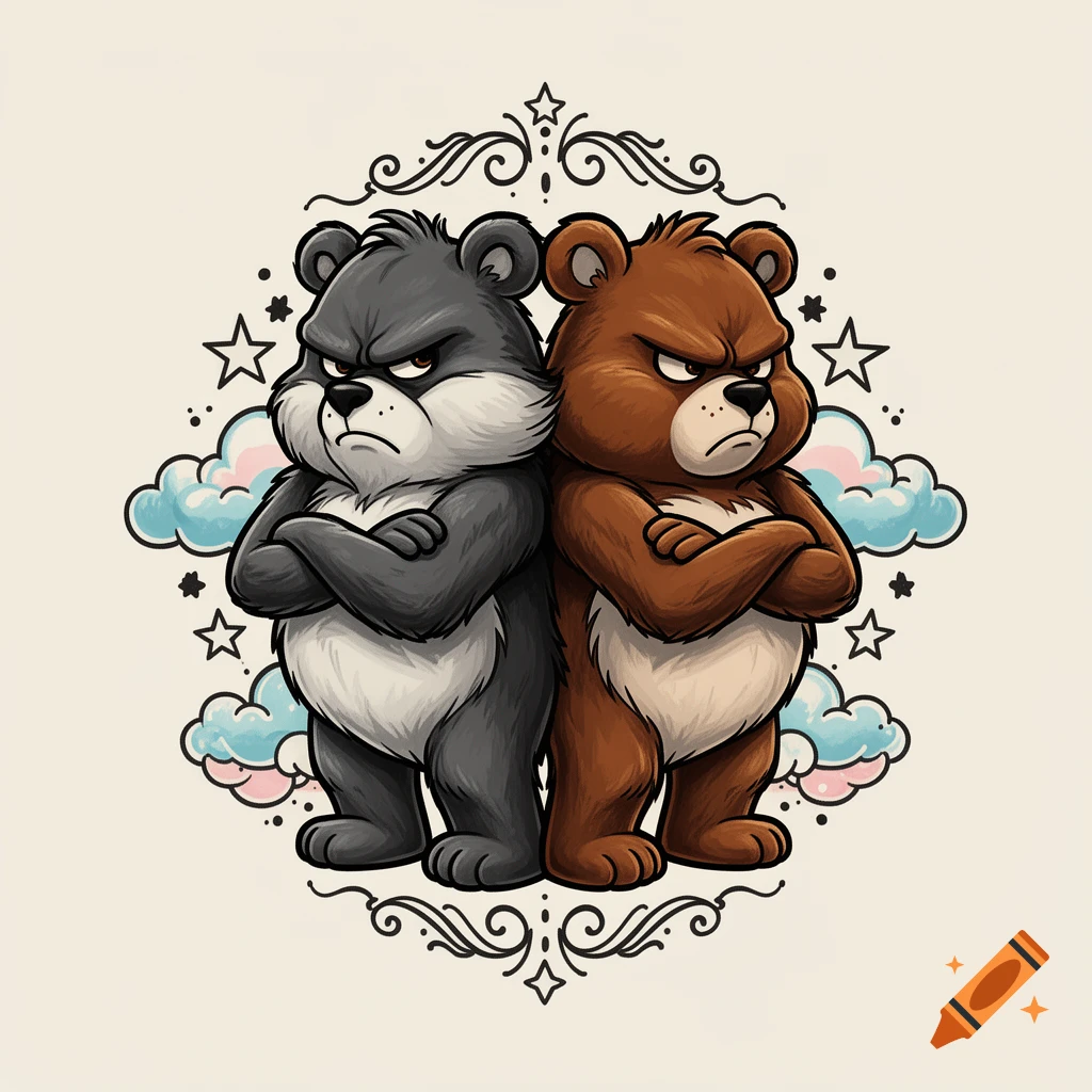 Tattoo design of two grumpy cartoon bears standing back to back surrounded by clouds and stars.