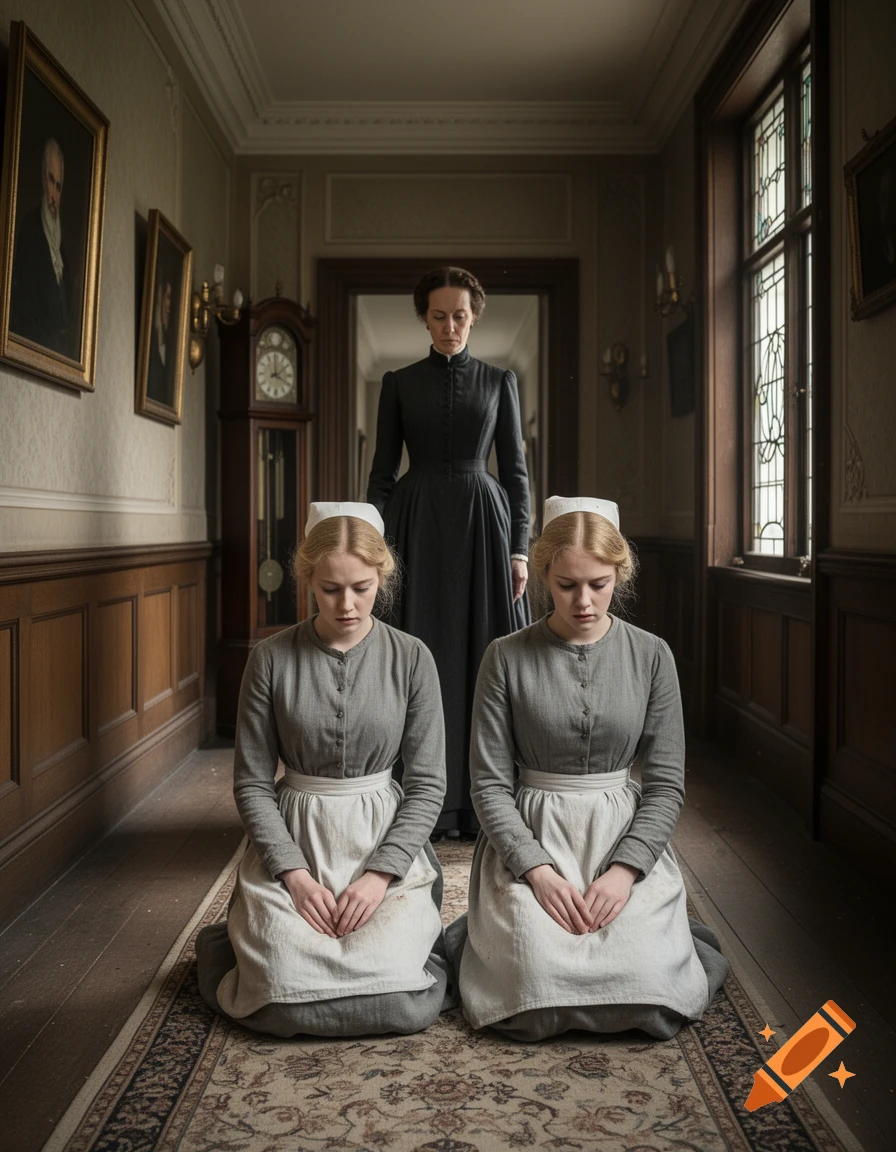 Photorealistic image of two young blonde Victorian scullery maids kneeling in a hallway, watched over by a stern mistress in black.
