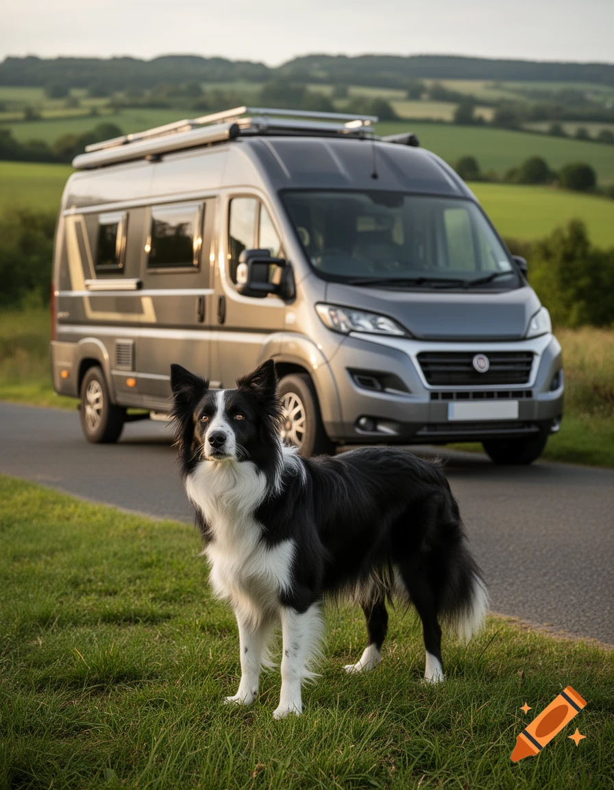 Photorealistic image of a black and white border collie standing in grass by a road, with a grey camper van parked behind it.