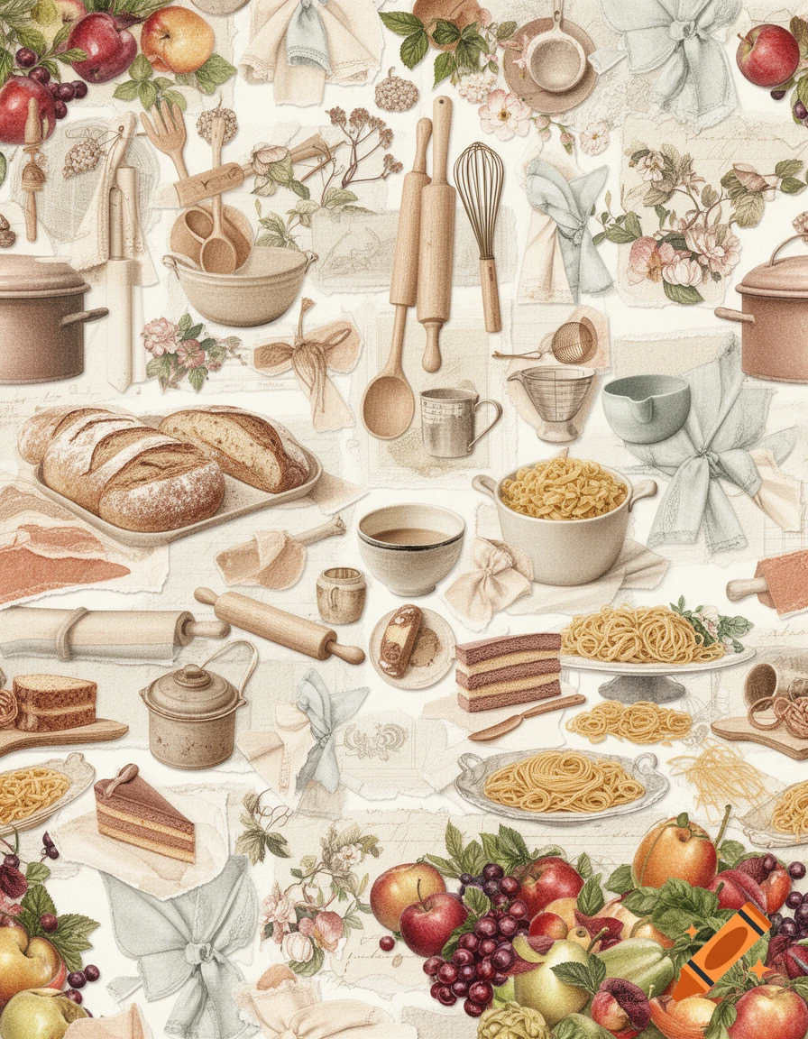 Shabby chic decoupage seamless collage background with kitchen utensils, bread, cake, pasta, fruits, and vegetables.