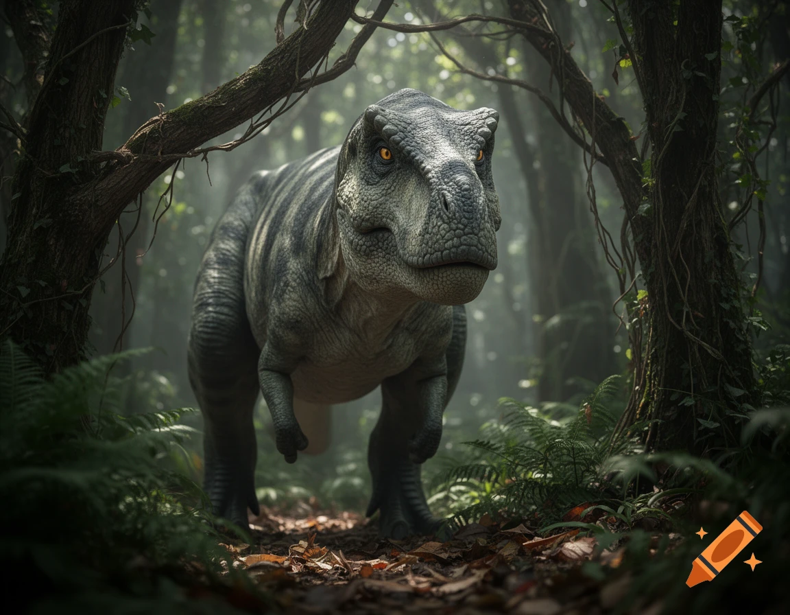 Photorealistic T-rex camouflaged in a dense, misty prehistoric forest.
