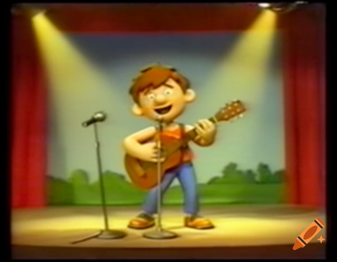 3D cartoon boy with brown hair playing guitar on a stage with microphones under spotlight in 1996 style