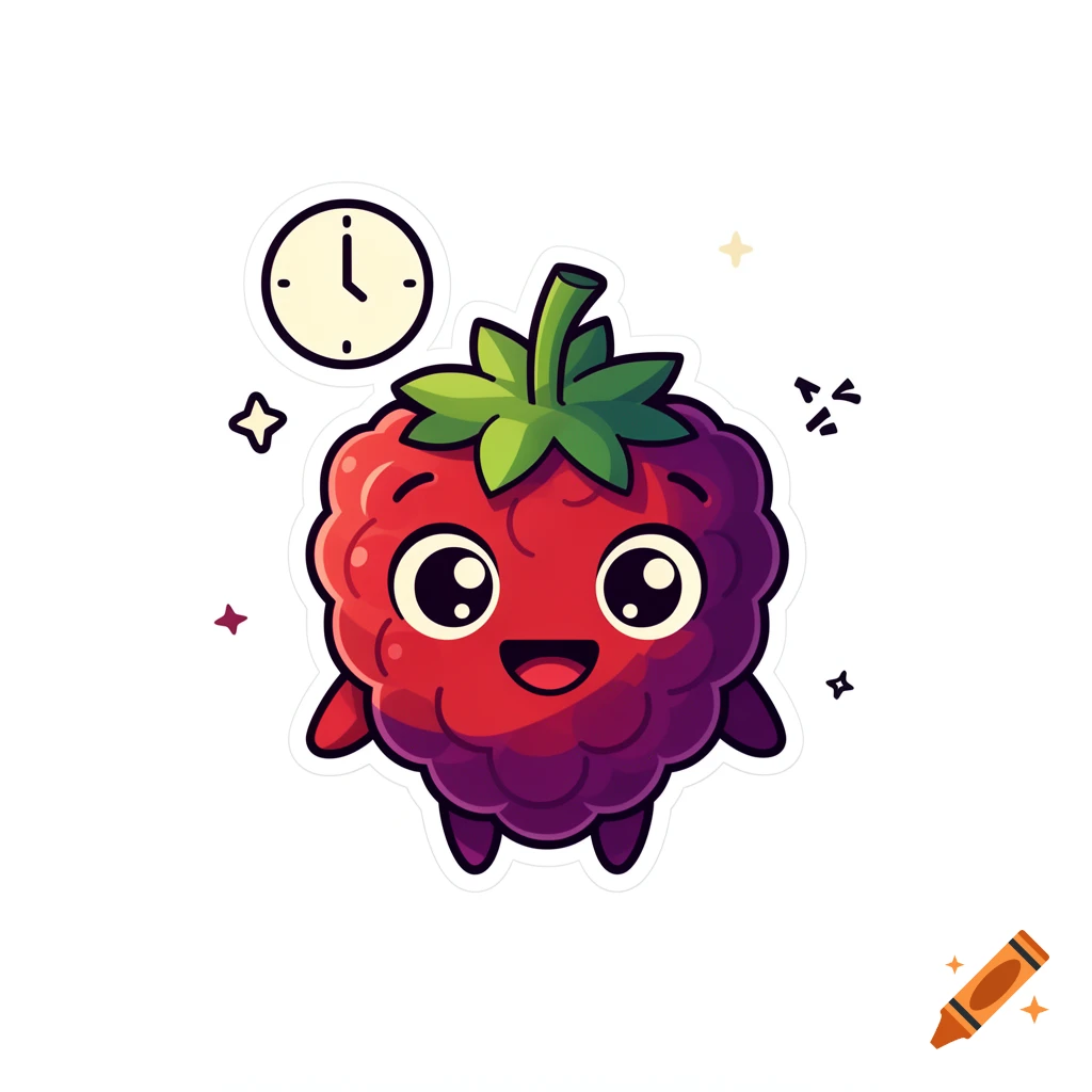 Cute cartoon raspberry character with big eyes and a smile, sticker style with a white border.