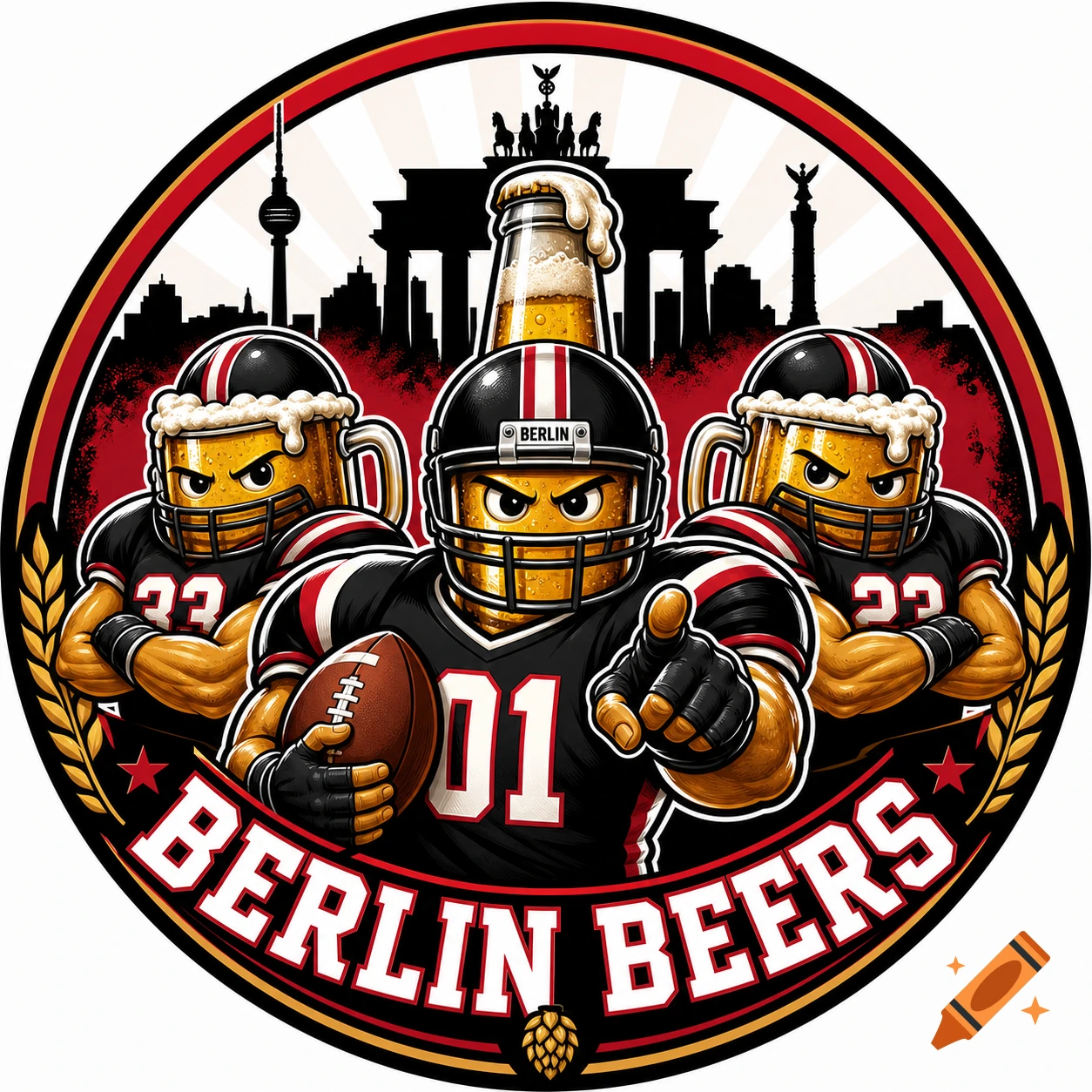 Circular sports team logo depicting three aggressive beer mug characters in American football uniforms against a Berlin skyline backdrop, with the text 'BERLIN BEERS'.