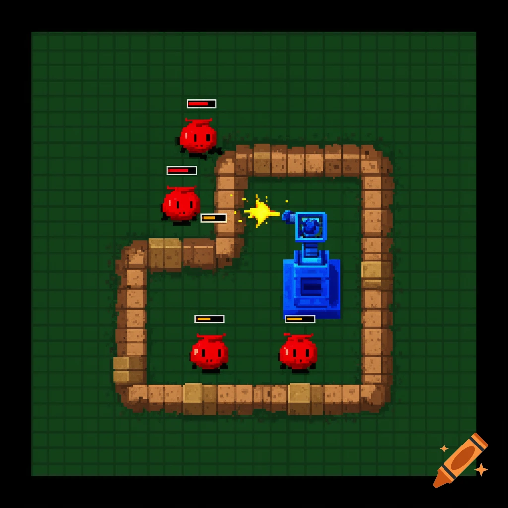 Top-down pixel art tower defense game scene with a blue turret shooting at red enemies inside a stone maze on a dark green grid.