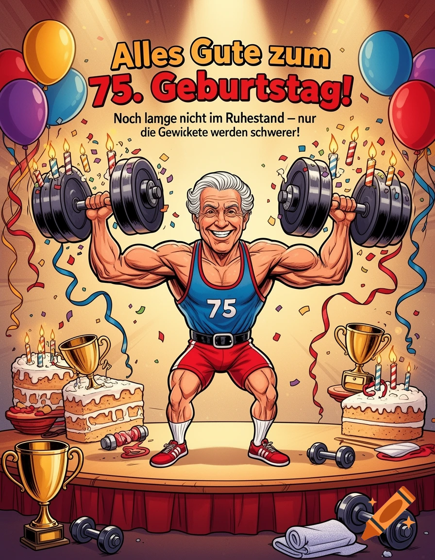 Cartoon illustration of a smiling elderly male bodybuilder lifting barbells on a stage with birthday cakes and balloons.
