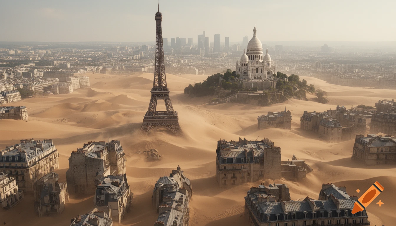 Photorealistic aerial view of Paris with landmarks like the Eiffel Tower and Sacre Coeur half-buried in Sahara desert sand.