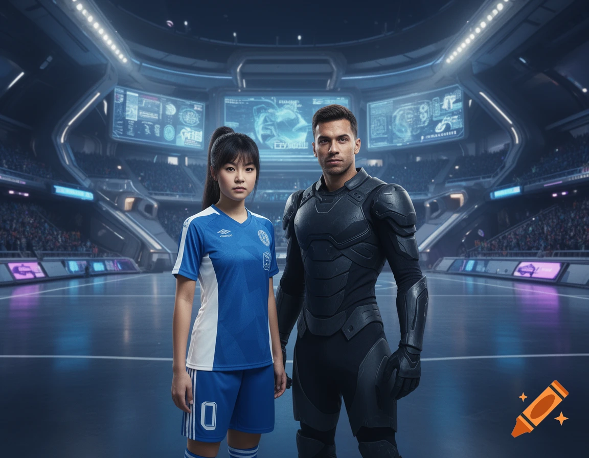Photorealistic depiction of Mei and Sinedd from Galactik Football standing in a futuristic stadium.