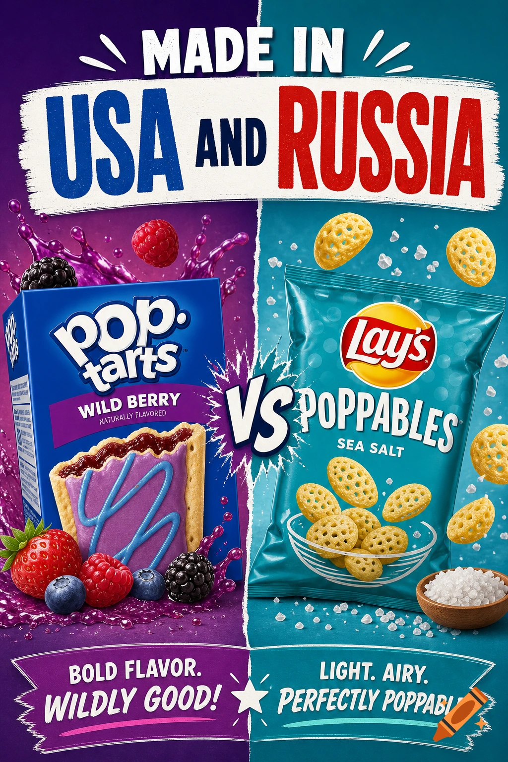 Commercial advertisement poster comparing a box of Pop Tarts Wild Berry and a bag of Lay's Poppables, with text 'Made in USA and Russia'.