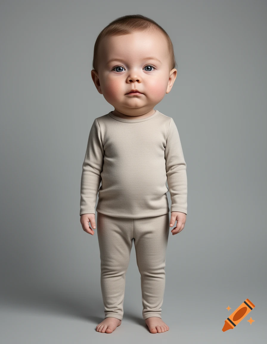 Photorealistic studio portrait of a toddler with a disproportionately large adult-sized head standing against a grey background.