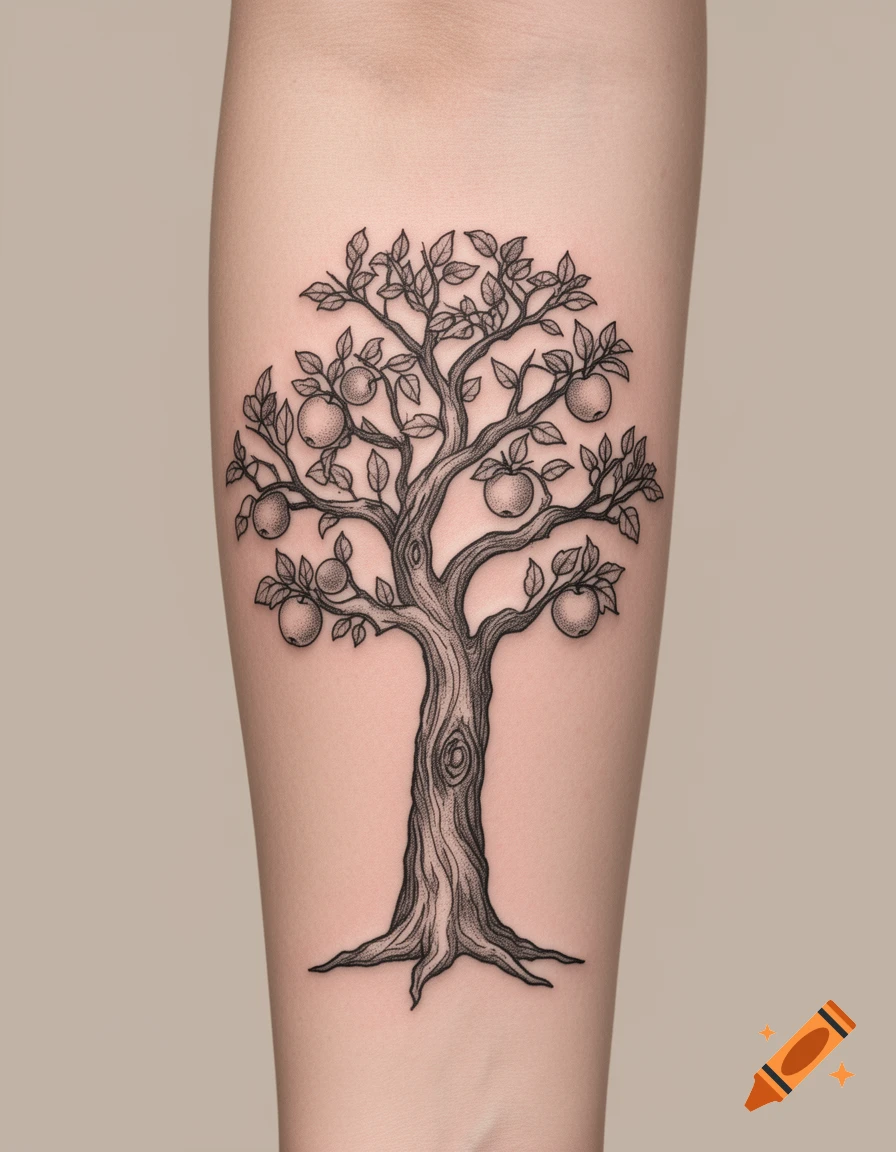 Detailed black and white tattoo of an apple tree with fruits on a forearm.