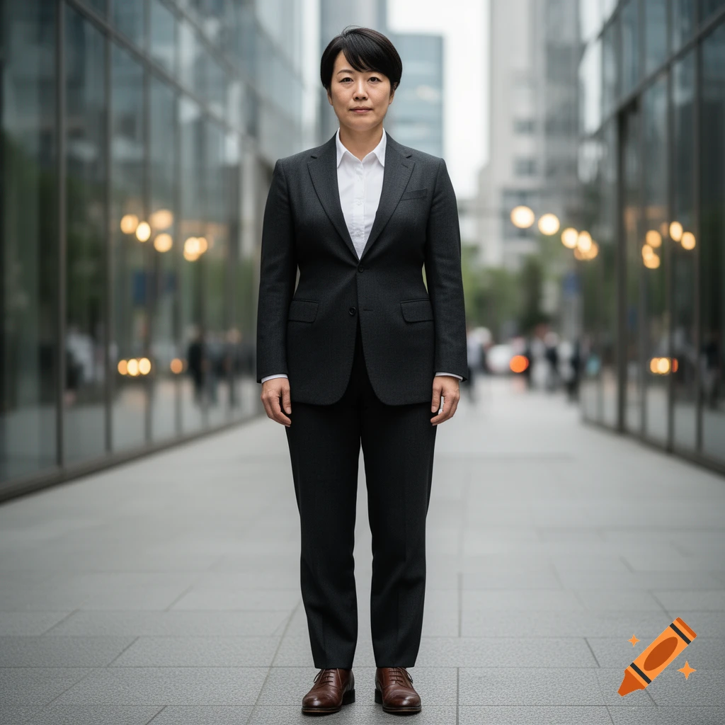 Photorealistic full-body portrait of a person with short black hair wearing a dark business suit standing in a city corridor.