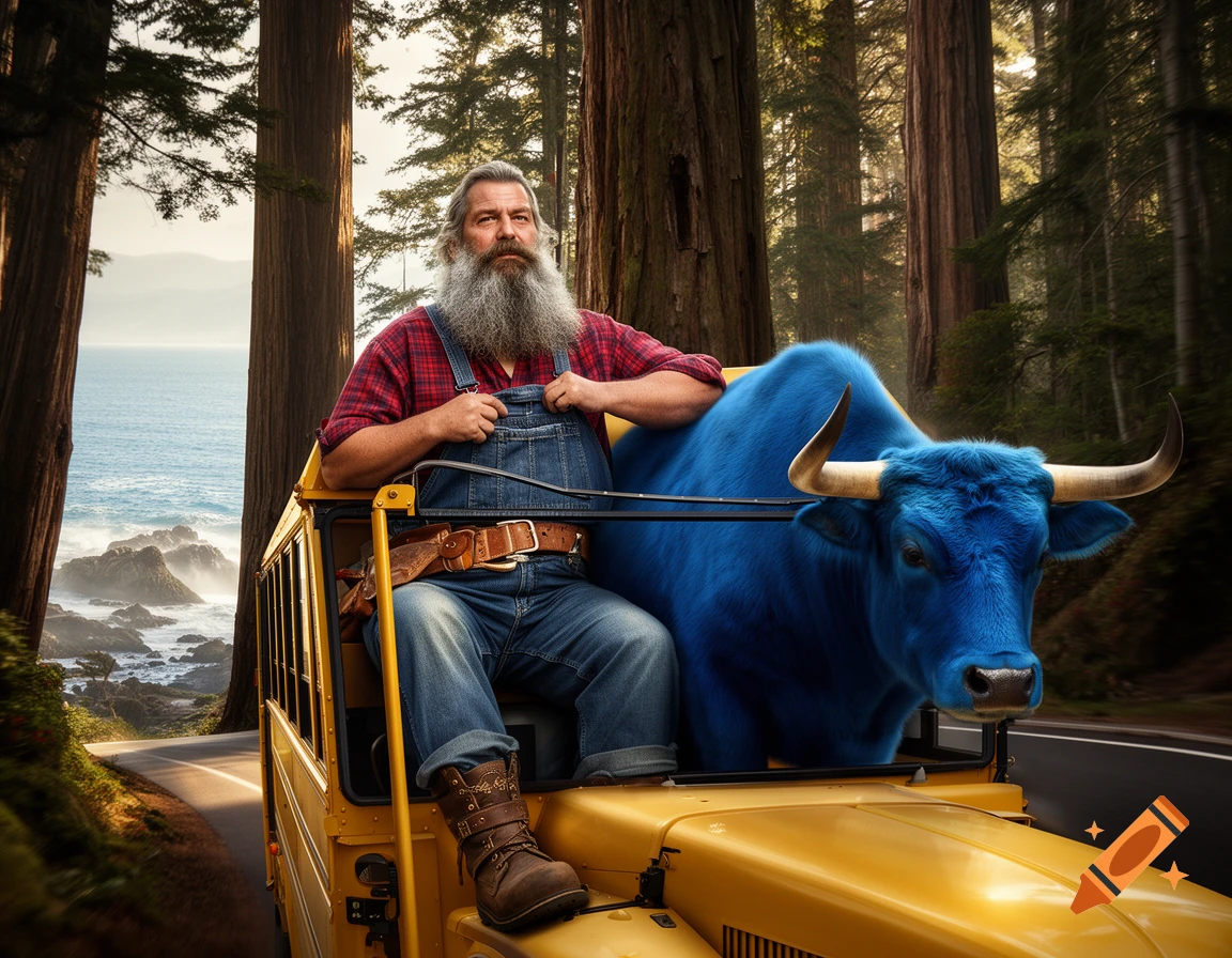 Photorealistic image of Paul Bunyan with a long gray beard and a giant blue ox sitting together on the front of a yellow school bus driving through a redwood forest by the ocean.