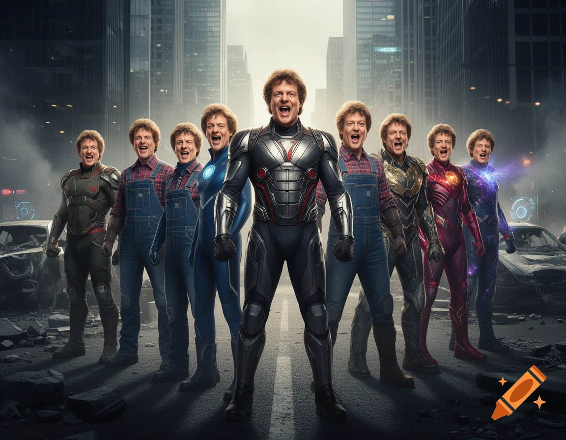 Group of characters resembling Ernest P. Worrell in various superhero suits standing together on a city street in a cinematic style.
