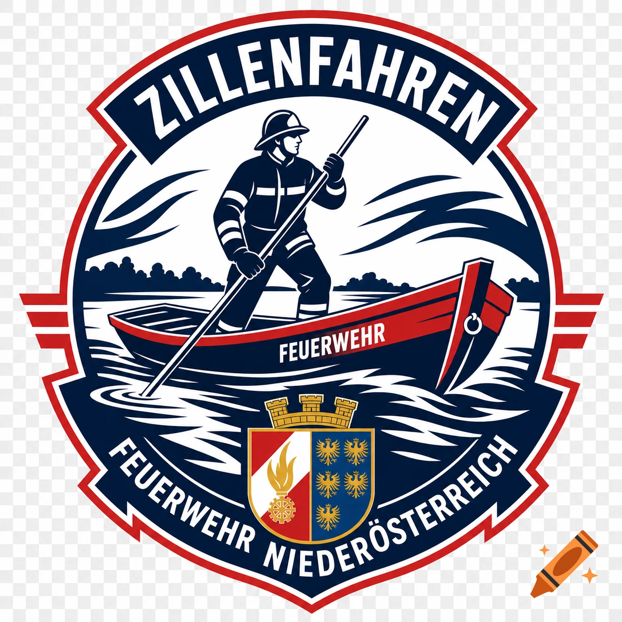 Firefighter logo emblem featuring a person rowing a boat, with German text ZILLENFAHREN and FEUERWEHR NIEDERÖSTERREICH.