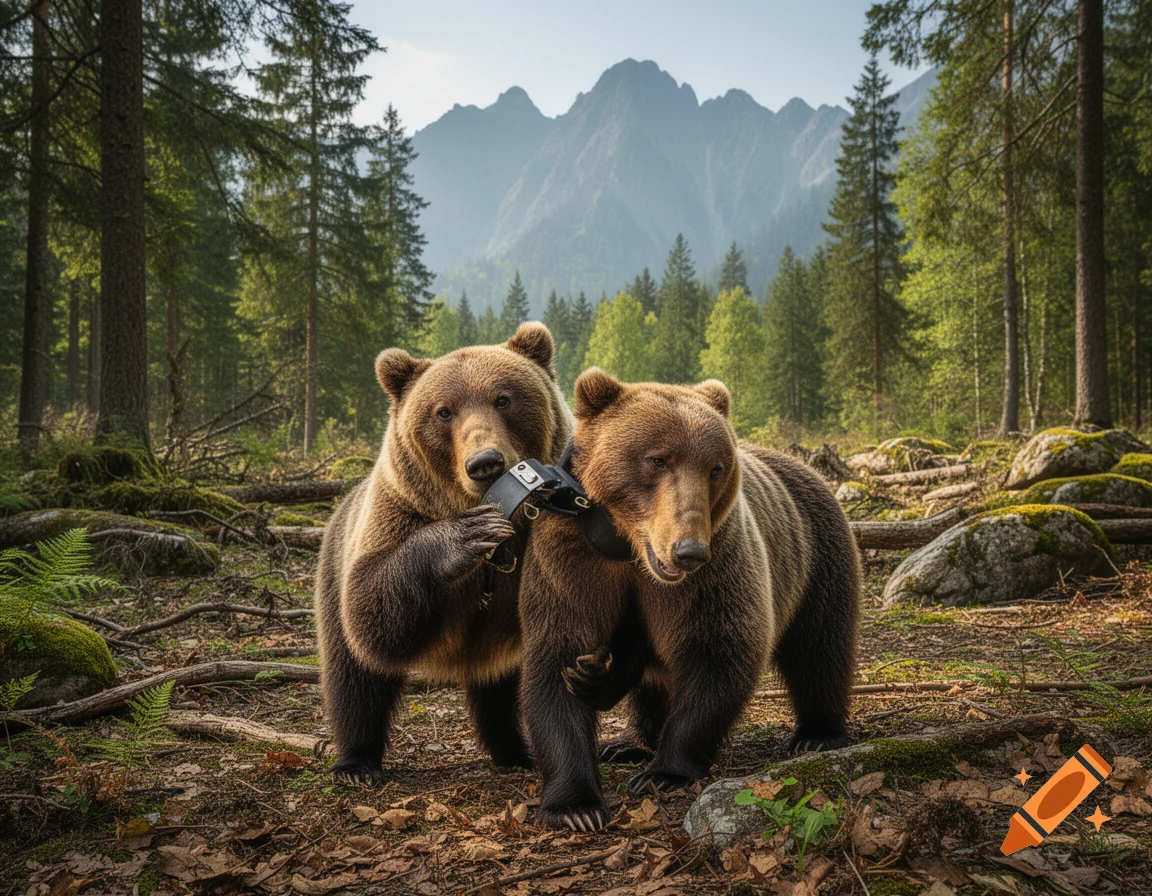 Photorealistic image of two brown bears in a forest with mountains in the background, one bear taking off a tracking collar.