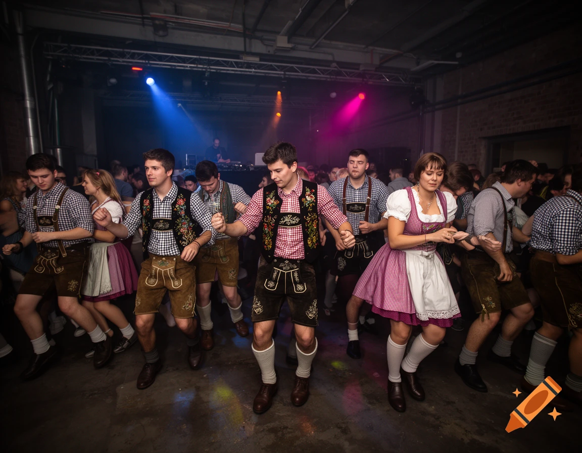 People in traditional Bavarian clothing dancing in a dark nightclub with colorful stage lights, photorealistic style.