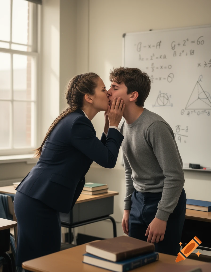 Photorealistic scene of a female teacher in a suit kissing a male student in a classroom with a math chalkboard in the background.