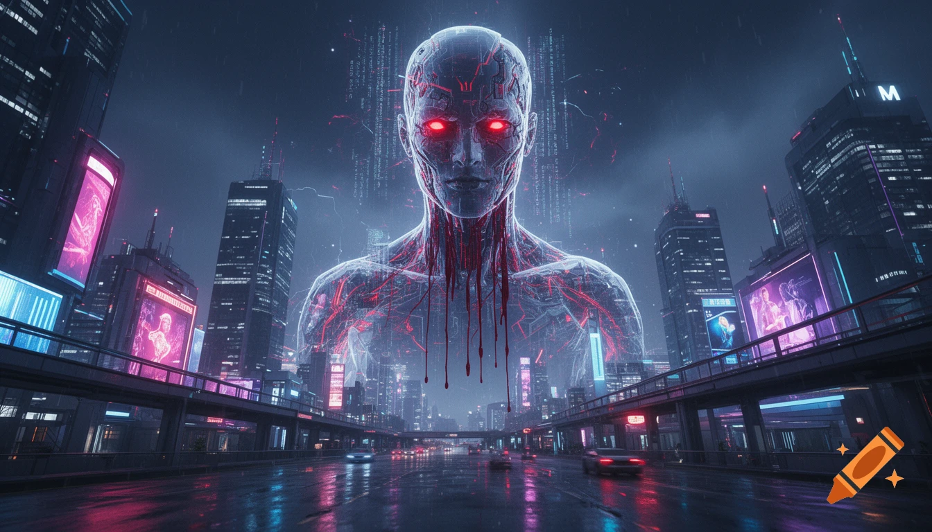 A colossal holographic artificial intelligence head with red glowing eyes looms over a rainy cyberpunk city street at night.