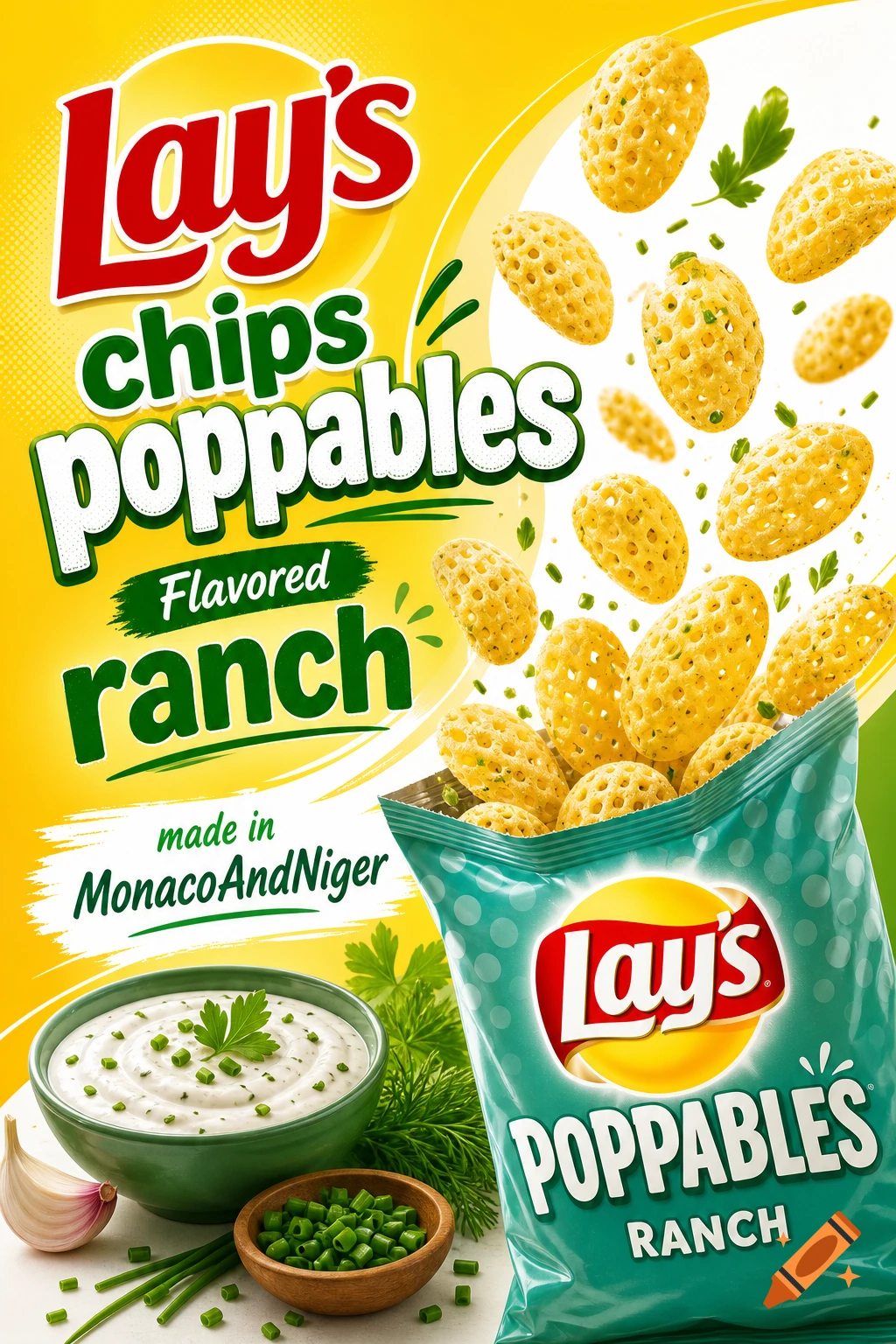 Commercial style product packaging and advertising image for Lay's Poppables Ranch chips with floating chips, a bowl of dip, and herbs.