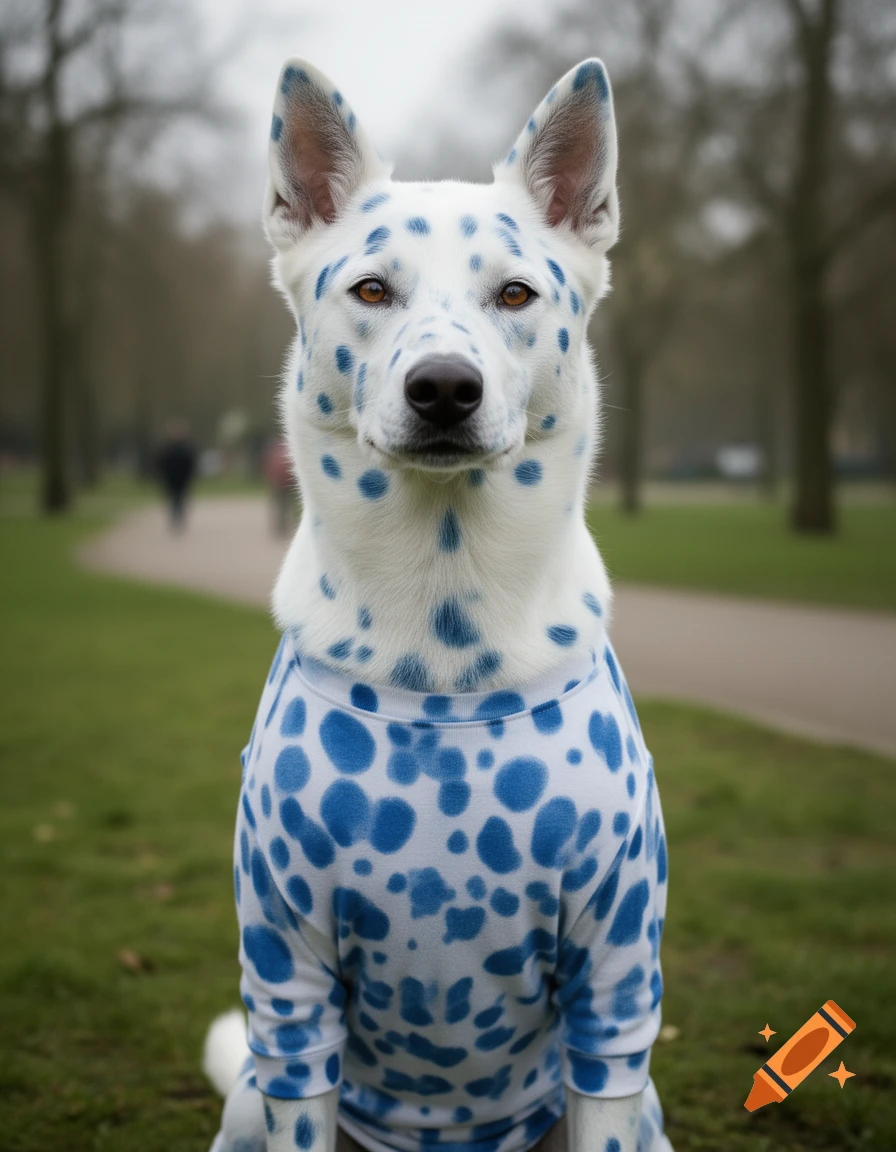 An anthropomorphic dog with white fur and blue spots, wearing a matching blue-spotted shirt, standing in a park.