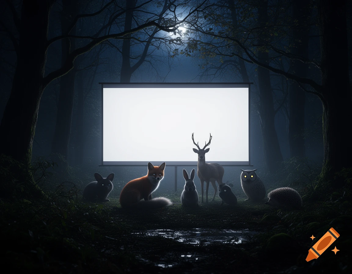 Group of friendly woodland creatures including a deer, fox, and owls gathered in front of a white movie screen in a dark forest at night.