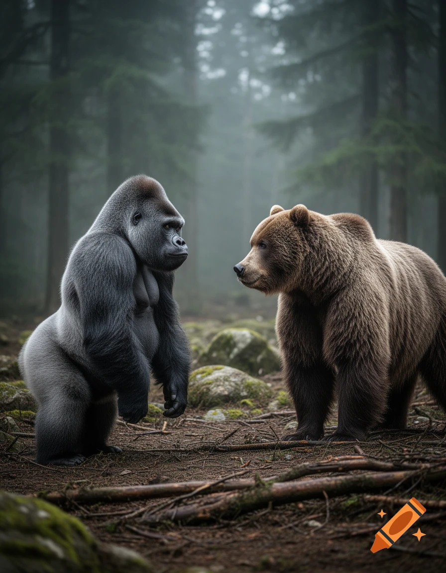 Photorealistic image of a silverback gorilla and a grizzly bear standing facing each other in a misty forest.