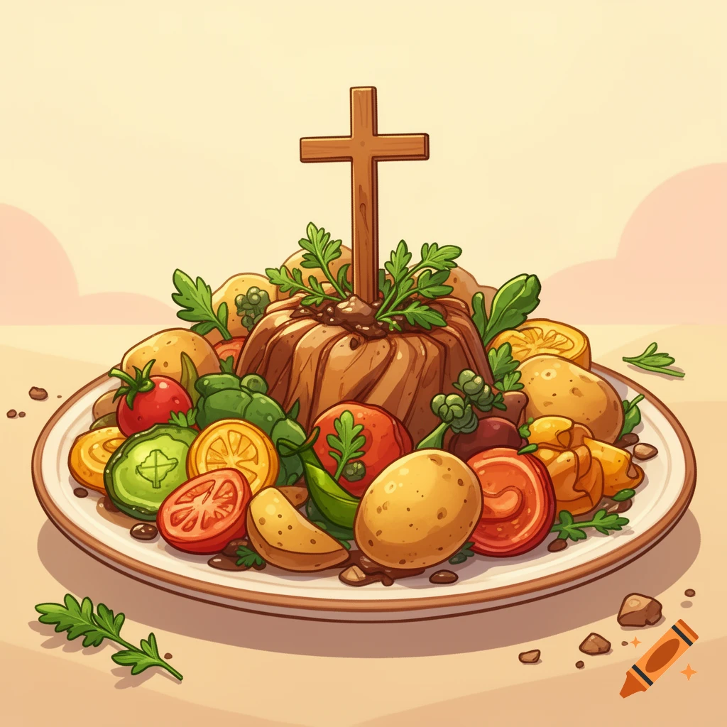 Cartoon illustration of a gross meal on a plate topped with a wooden christian cross.
