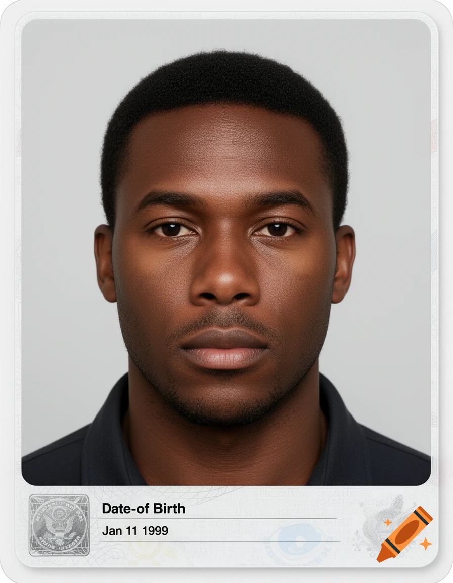 Photorealistic passport style photo of a Black man with short hair and a dark shirt against a light background.