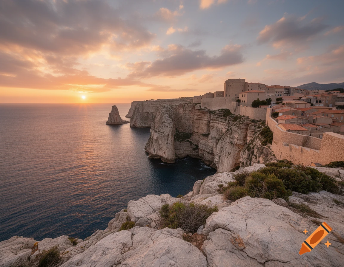 Photorealistic sunset view of Bonifacio, Corsica, featuring white limestone cliffs, a coastal town, and a calm sea.