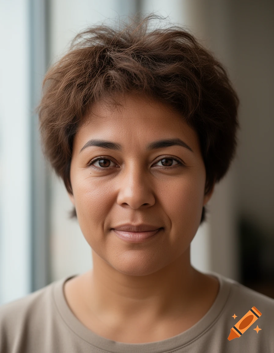 Close-up portrait of a woman with tan skin, short brown fluffy hair, and dark brown eyes looking at the camera.