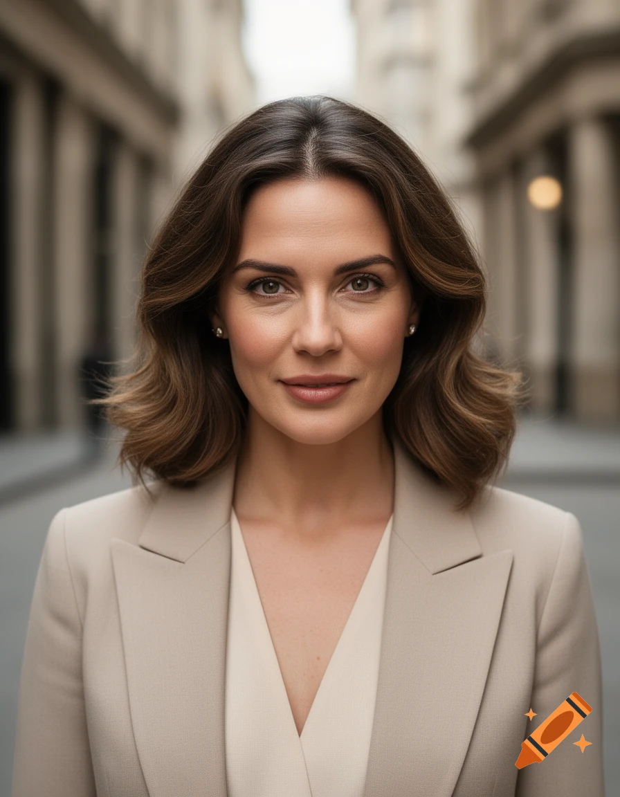 Photorealistic portrait of a woman with shoulder-length brown hair, wearing a beige blazer, standing outdoors in an urban setting.
